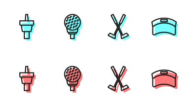 Çizgiyi aşan golf sopası, golf tişörtü, top üstünde ve güneş şapkası ikonu. Vektör