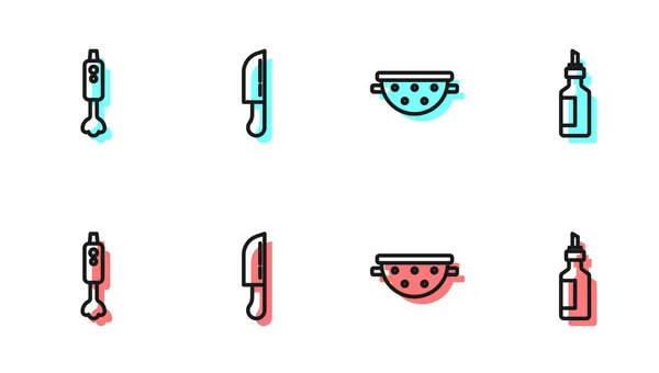 Set Linie Colander Bucătărie Blender Cuțit Sticlă Pictogramă Ulei Măsline — Vector de stoc