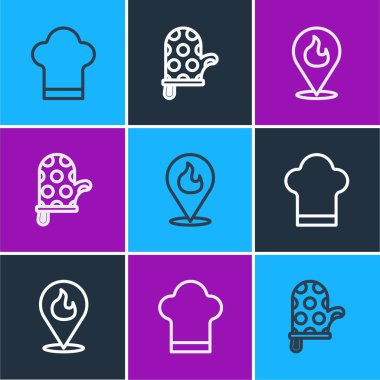 Şef şapkası, ateş alevi ve fırın eldiveni ikonu olan bir yer ayarla. Vektör