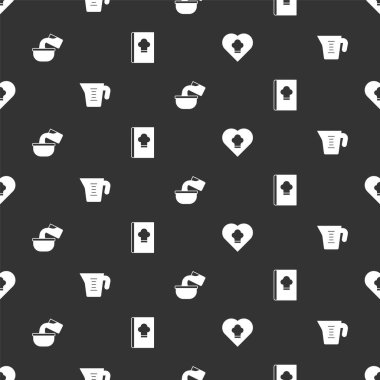 Şef şapkası, ölçü kabı, tencere ve yemek kitabını kusursuz desen üzerine kur. Vektör