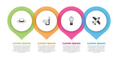 Kurdeleli şapka, dalış maskesi, şnorkel, sıcak hava balonu ve uçak. Ticari bilgi şablonu. Vektör