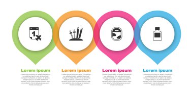 Takvim, uçak, kayak çubukları, uçak penceresi ve viski şişesini ayarlayın. Ticari bilgi şablonu. Vektör