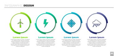 Rüzgar türbini, Şimşek şimşeği, Kar Tanesi ve Bulut 'u yağmurla ayarla. Ticari bilgi şablonu. Vektör