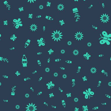 Çiçek, egzotik tropikal bitki demlikte, bir şişe su ve Kelebek 'i pürüzsüz desende ayarla. Vektör