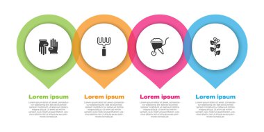 Lastik eldivenler, bahçe tırmığı, çamurlu el arabası ve Ivy marka dal. Ticari bilgi şablonu. Vektör