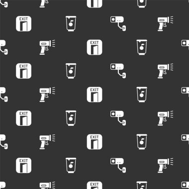 Güvenlik kamerası, tarayıcı barkodu, yangın çıkışı ve yoğurt konteynırını kusursuz şekilde ayarla. Vektör