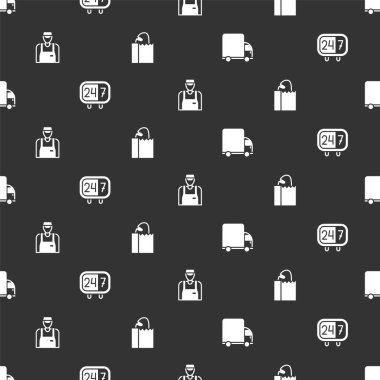 Teslimat kamyonunu hazırla, 24 saat, Satıcı ve Kağıt torba ve ekmeksiz ekmek. Vektör