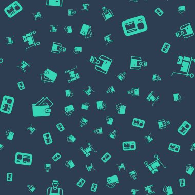 Satıcı, kimlik kartı, para ve el arabası olan cüzdan ve kusursuz desenli kutular. Vektör