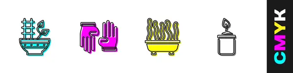 Set Plant Pot Rubber Gloves Sprout Bottle Icon Vector — Stock Vector