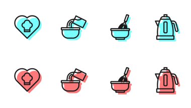 Mutfak çırpıcısını kase, şef şapkası, tencere ve elektrikli su ısıtıcısı ikonu ile ayarla. Vektör