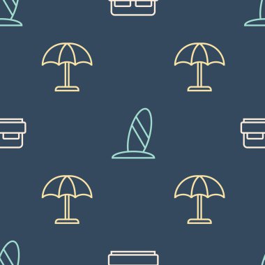 Çizgili otel odası yatağı, güneş koruyucu şemsiye ve sörf tahtasını pürüzsüz desenlere ayarlayın. Vektör