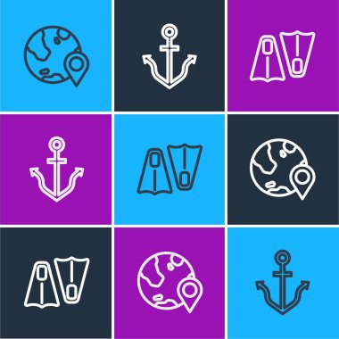 Yerimizi dünya üzerinde belirleyin, Yüzmek için lastik yüzgeçler ve Anchor simgesi. Vektör