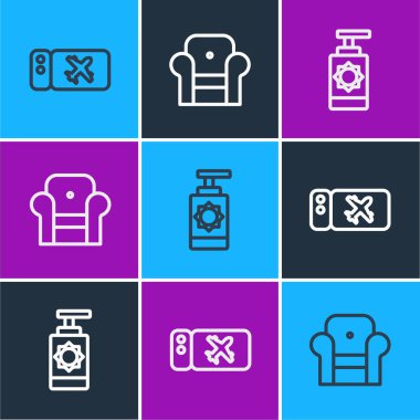 Set hattı uçak bileti, güneş kremi şişesi ve Armchair ikonu. Vektör