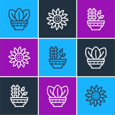 Çizgiyi çömleğe yerleştir, ve çiçek ikonu. Vektör