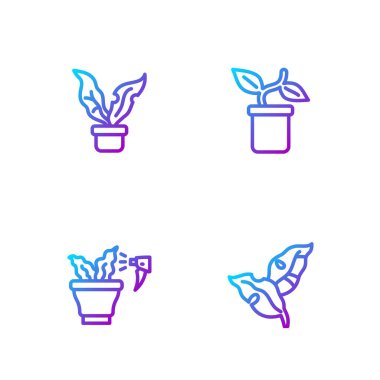 Çizgili tropikal yapraklar, Spreyli bitkiler, saksı ve... Renk simgeleri. Vektör