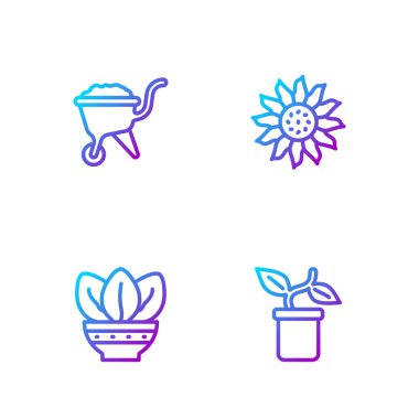 Hattı çömleğe yerleştir, El Arabası 'nı çamurlu ve çiçekli. Renk simgeleri. Vektör