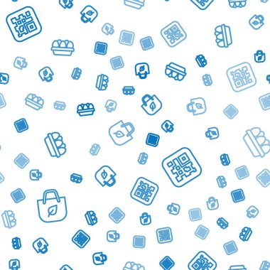 Geri dönüşümlü alışveriş torbası, QR kodu ve tavuk yumurtası kutusunu kusursuz desenli ayarla. Vektör