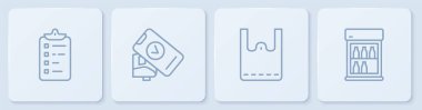Set hattı alışveriş listesi, kağıt alışveriş çantası, POS terminali ve ticari buzdolabı. Beyaz kare düğme. Vektör