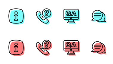 Soru ve Cevap, Bilgi, Telefon, 24 saat destek ve Konuşma balonu sohbet simgesini ayarla. Vektör