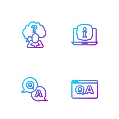 Soru ve Yanıt satırını, soru işareti ve dizüstü bilgisiyle birlikte ayarla. Renk simgeleri. Vektör