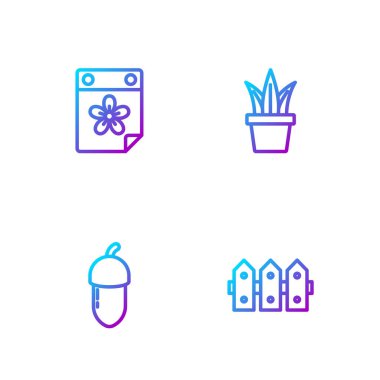 Bahçe çiti ahşap, meşe palamudu, çiçekli takvim ve saksıda bitki. Renk simgeleri. Vektör