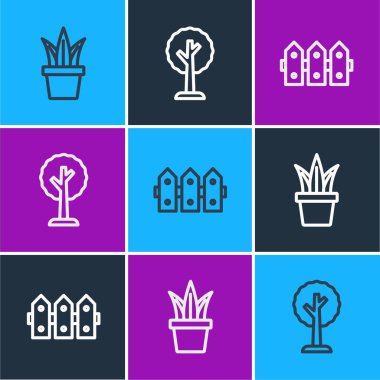 Sırayı bozmayın saksıda bitki, bahçe çitleri ahşap ve orman ikonu. Vektör