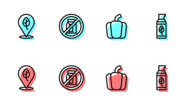 Sabit çizgi biber, vegan gıda diyeti, bir paket süt ve organik kozmetik ikonu yok. Vektör