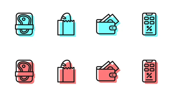 Set Line Monedero Con Dinero Embalaje Carne Filete Bolso Papel — Vector de stock