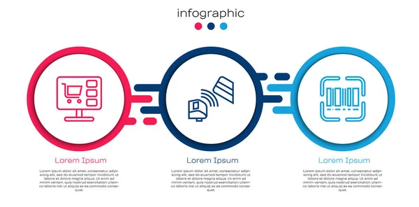 Set Line Shopping Cart Computer Pos Terminal Credit Card Scanner — Stock Vector