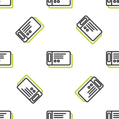 Line Travel bilet ikonu beyaz arka planda izole edilmiş kusursuz desen. Tren, gemi, uçak, tramvay, otobüs. Seyahat servisi konsepti. Vektör İllüstrasyonu.