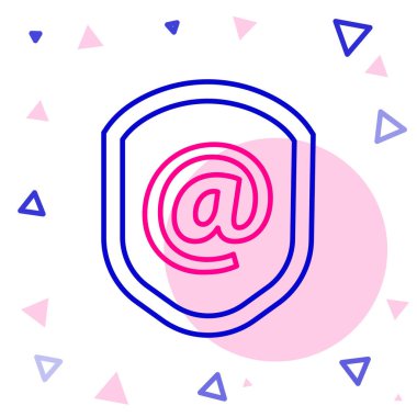 Beyaz arkaplanda posta ve e-posta simgesi olan Satır Kalkanı izole edildi. Gardiyan. Güvenlik, güvenlik, koruma, gizlilik kavramı. Renkli taslak konsepti. Vektör İllüstrasyonu.