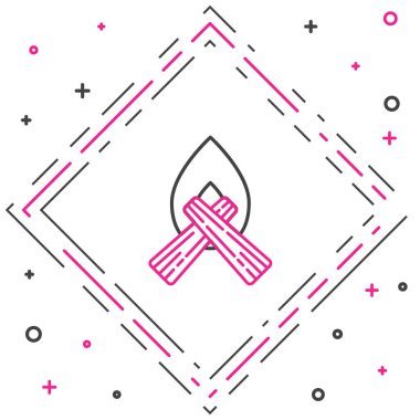 Kamp ateşi çizgisi simgesi beyaz arkaplanda izole edildi. Odunla yanan şenlik ateşi. Renkli taslak konsepti. Vektör.