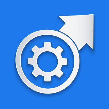 Kağıt, mavi arkaplanda izole edilmiş iş akışı konsept simgesi olarak Gear ve okları kesti. Vites doldurma tabelası. Kağıt sanatı tarzı. Vektör İllüstrasyonu.