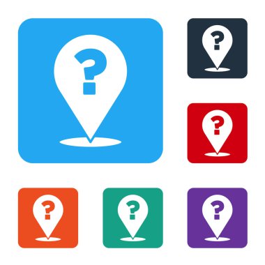 Beyaz Soru işareti simgesi beyaz arkaplanda izole edildi. SSS işareti. Dosyaları kopyala, konuşma balonu ve grafiğini çıkar. Renkli kare düğmelerle simgeleri ayarla. Vektör.