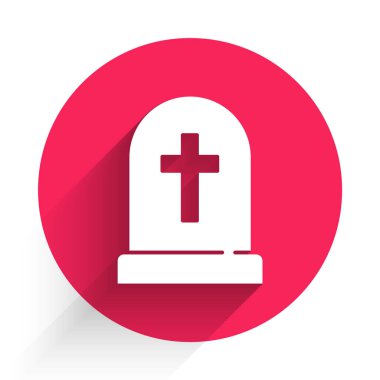 Çapraz simgesi uzun gölgeli Beyaz Tombstone. Mezar ikonu. Mutlu Cadılar Bayramı Partisi. Kırmızı daire düğmesi. Vektör.