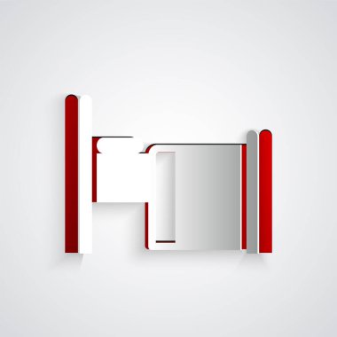 Kağıt kesiği hastane yatak ikonu gri arka planda izole edilmiş. Kağıt sanatı tarzı. Vektör.