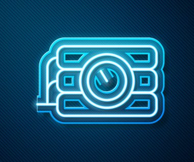 Parlayan neon hattı dinamit bomba çubuğunu ve zamanlayıcı ikonunu mavi arkaplanda izole et. Saatli bomba - patlama tehlikesi kavramı. Vektör.