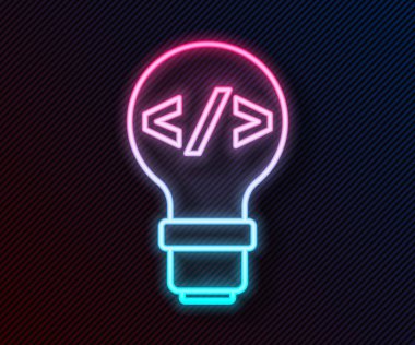 Parlayan neon hattı web tasarımı ve ön uç geliştirme simgesi siyah arkaplanda izole edildi. Vektör.