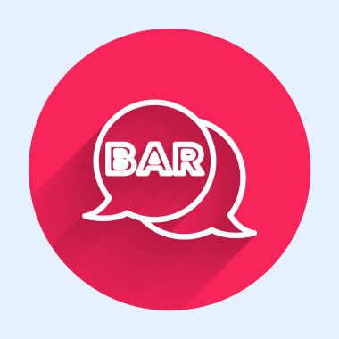 Uzun gölgeli beyaz çizgi sokak tabelasında yazı çubuğu simgesi var. Reklamlar için uygun bar, kafe, restoran. Kırmızı daire düğmesi. Vektör.