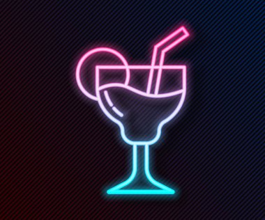 Parlayan neon hattı siyah arka planda izole edilmiş kokteyl ve alkol ikonu. Vektör.