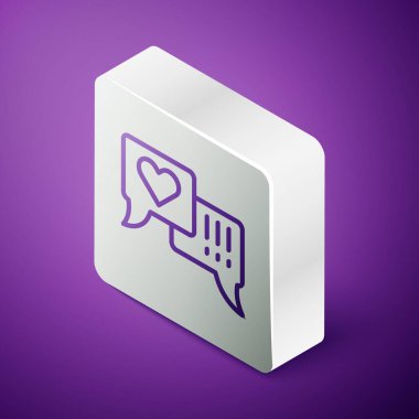 Isometric line Heart in speech baloncuğu ikonu mor arkaplanda izole edildi. Gümüş kare düğme. Vektör.
