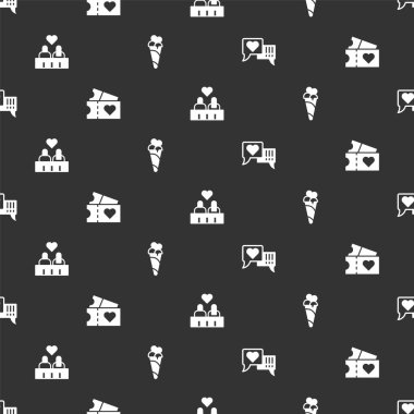 Konuşma baloncuğunda kalp, aşk bileti, çift aşk ve dondurmalı waffle külahı kusursuz desende. Vektör.