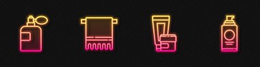 Krem ya da losyon kozmetik tüpü, parfüm, havlu askısı ve saç spreyi için sprey boya kutusu ayarla. Parlayan neon ikonu. Vektör.