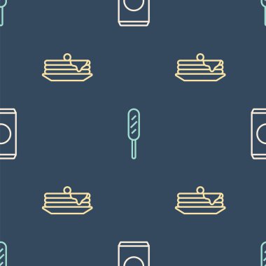 Soda kutusunu samanla, krep yığınıyla ve mısırlı sosisli sandviçi pürüzsüz bir kalıba sokun. Vektör.