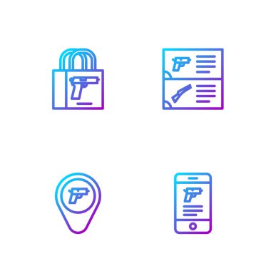 Mobil uygulama, yer belirleme, silah tabancası ve silah kataloğu. Renk simgeleri. Vektör.