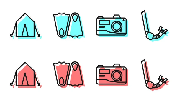 Set Line Photo Camera Tourist Tent Rubber Flippers Snorkel Icon — Stock Vector