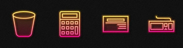 Set Line Business Card Trash Can Calculator Keyboard Glowing Neon — Stock Vector