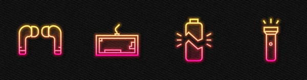 Set Line Broken Battery Air Headphones Keyboard Flashlight Glowing Neon — Stock Vector