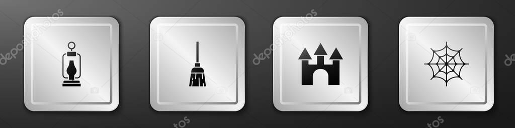 Set Camping lantern, Witches broom, Castle and Spider web icon. Silver square button. Vector.