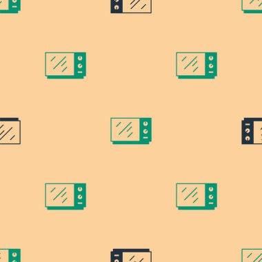 Yeşil ve siyah mikrodalga fırın ikonu bej arka planda izole edilmiş pürüzsüz desen. Ev aletleri simgesi. Vektör.